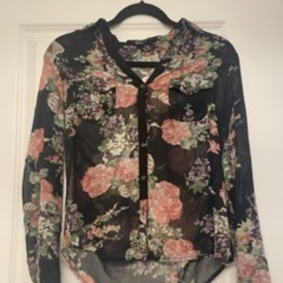 Black F21 Sheer Floral Print Blouse - Picture 1 of 1